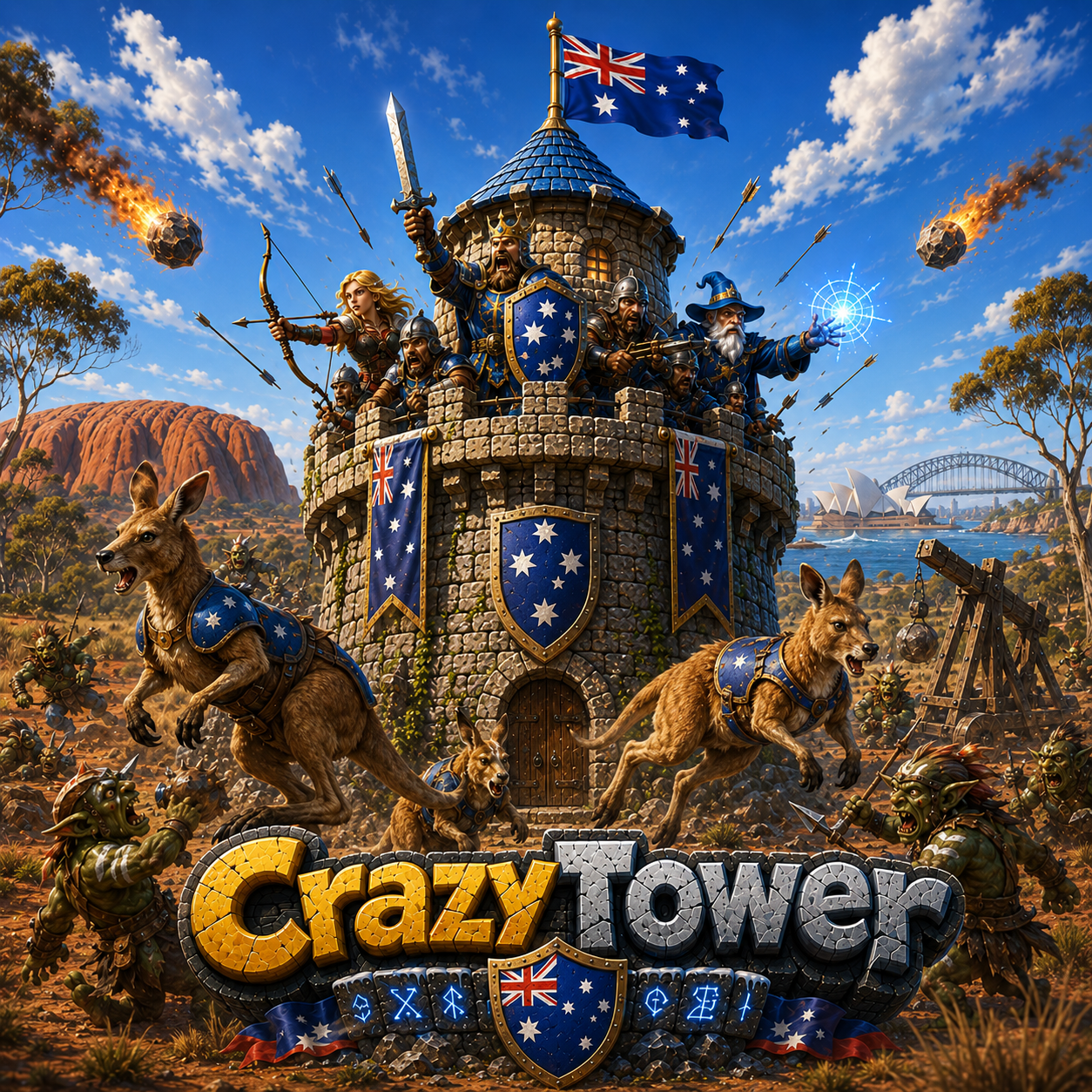 CrazyTower hero — defending the tower against a wave of monsters
